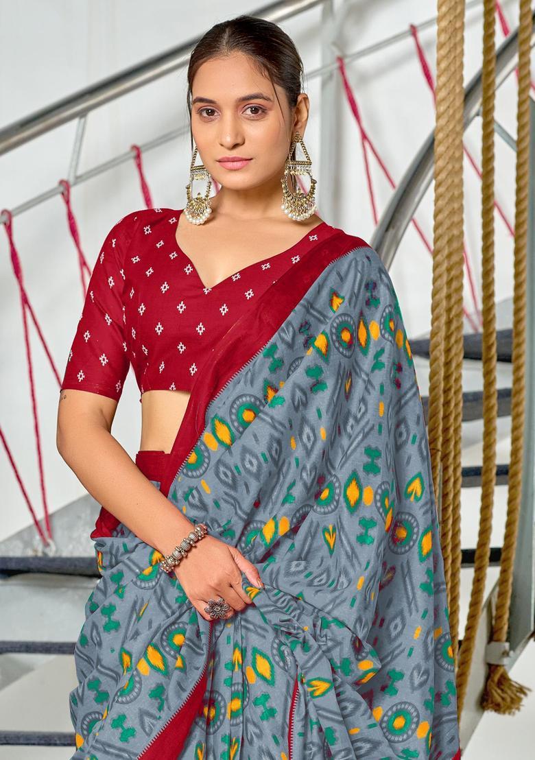 Grey Printed Cotton Saree Set - Indya