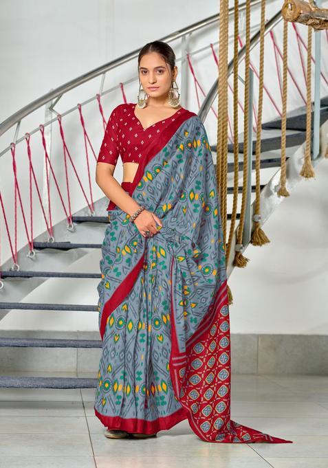 Grey Printed Cotton Saree Set