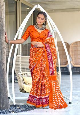 Orange Printed Cotton Saree Set
