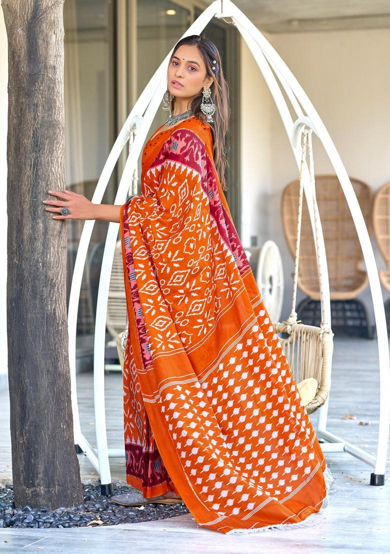 Orange Printed Cotton Saree Set - Indya