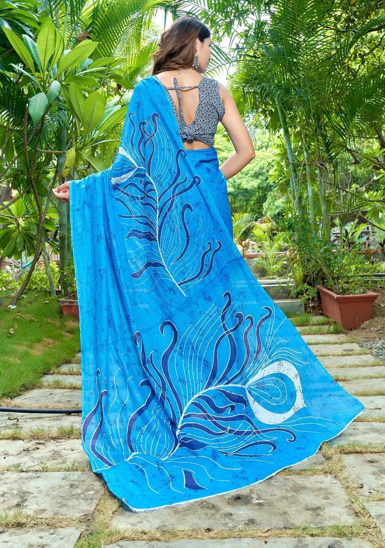 Aqua Printed Cotton Saree Set - Indya