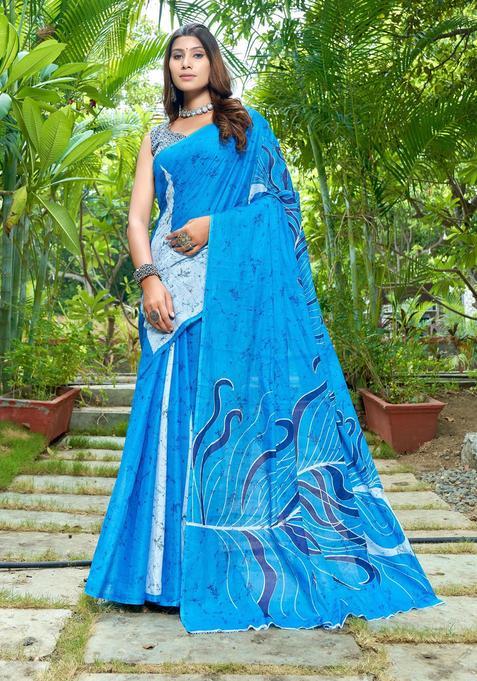 Aqua Printed Cotton Saree Set
