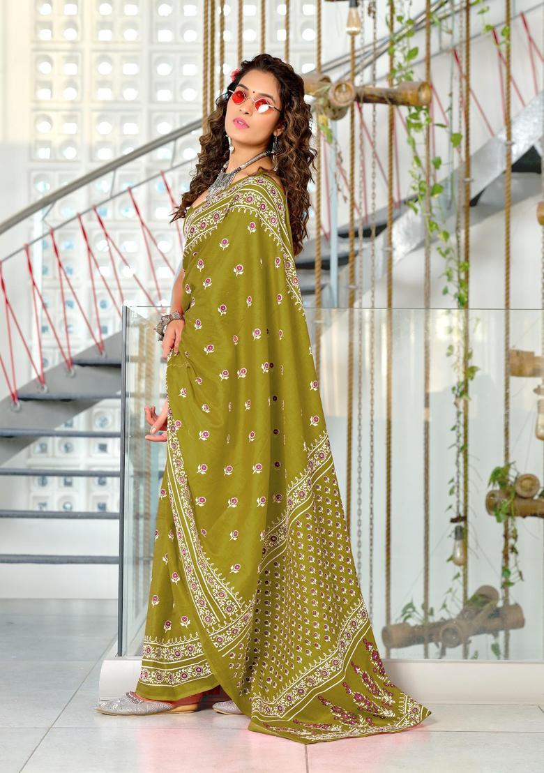 Green Floral Print Cotton Saree Set - Indya