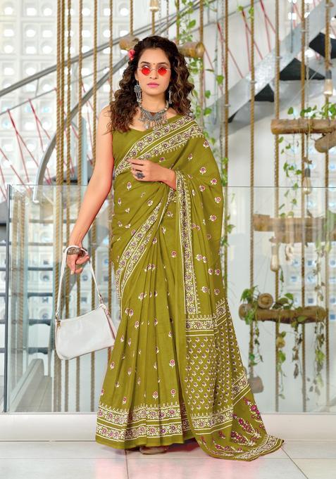 Green Floral Print Cotton Saree Set