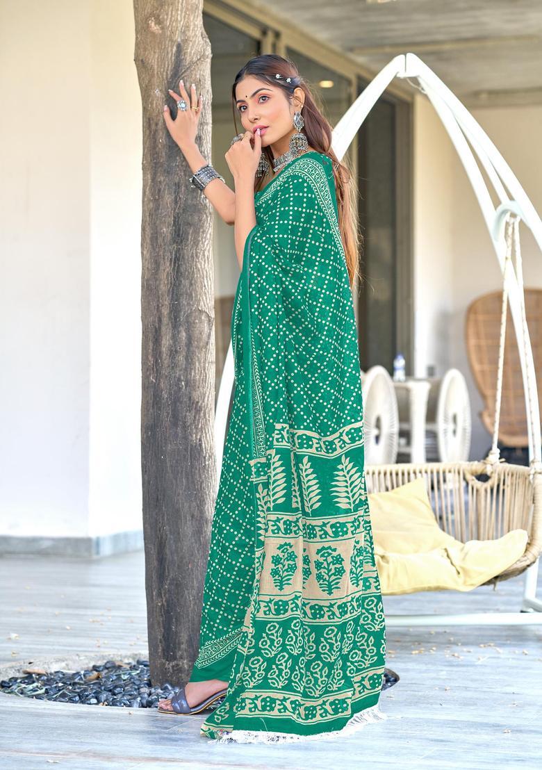 Green Geometric Print Cotton Saree Set - Indya