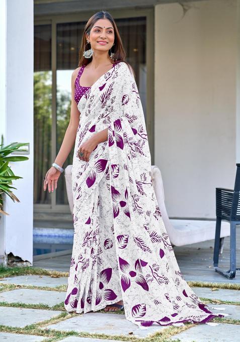 White Floral Print Cotton Saree Set