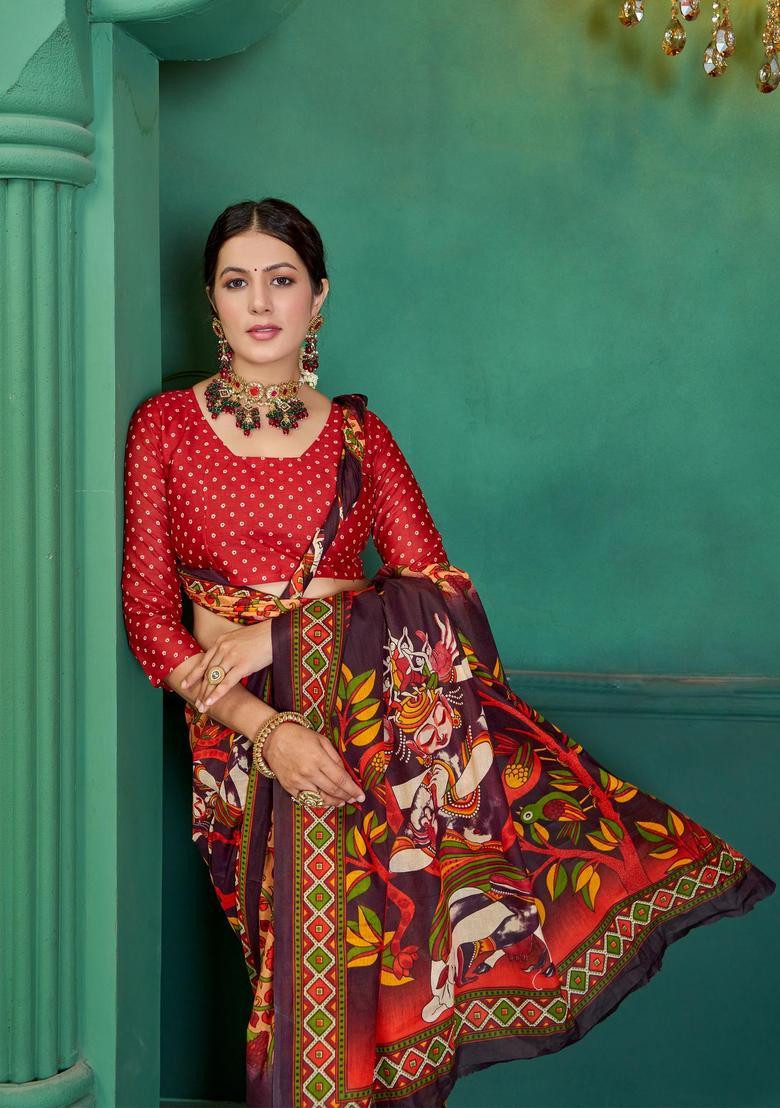 Brown Printed Cotton Saree Set - Indya