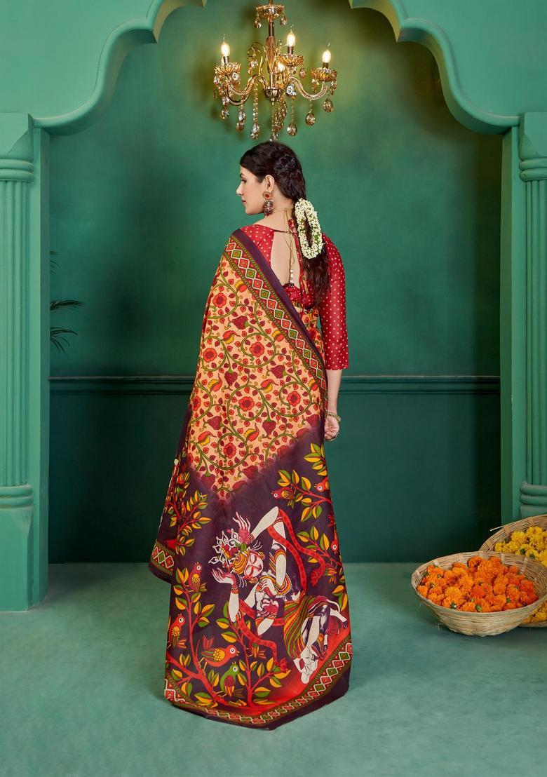 Brown Printed Cotton Saree Set - Indya