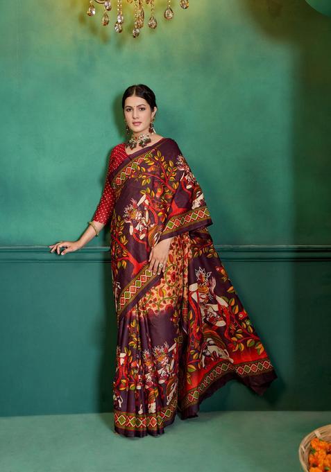 Brown Printed Cotton Saree Set