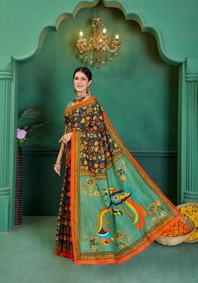 Green Printed Cotton Saree Set