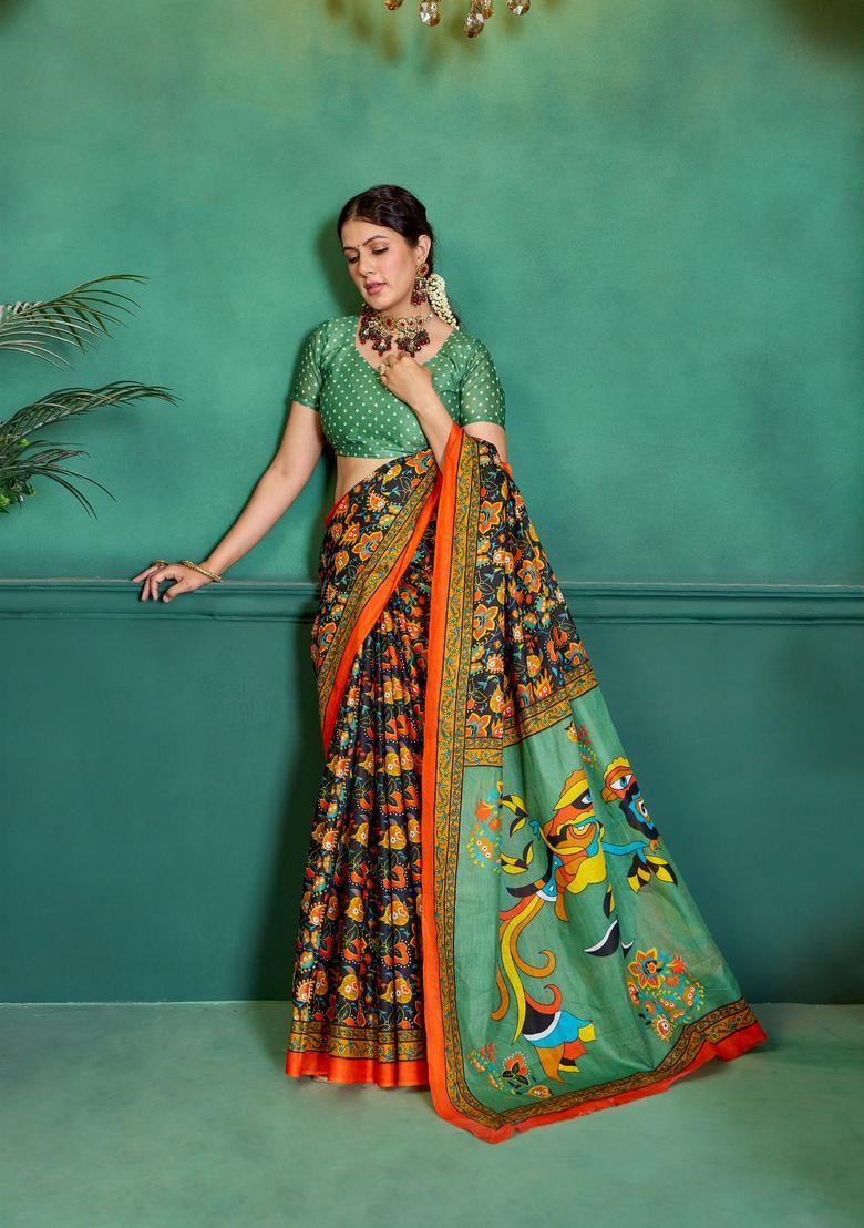 Green Printed Cotton Saree Set - Indya