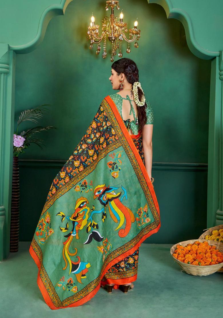 Green Printed Cotton Saree Set - Indya