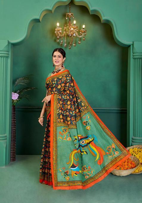 Green Printed Cotton Saree Set