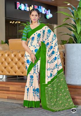 Green Printed Cotton Saree Set