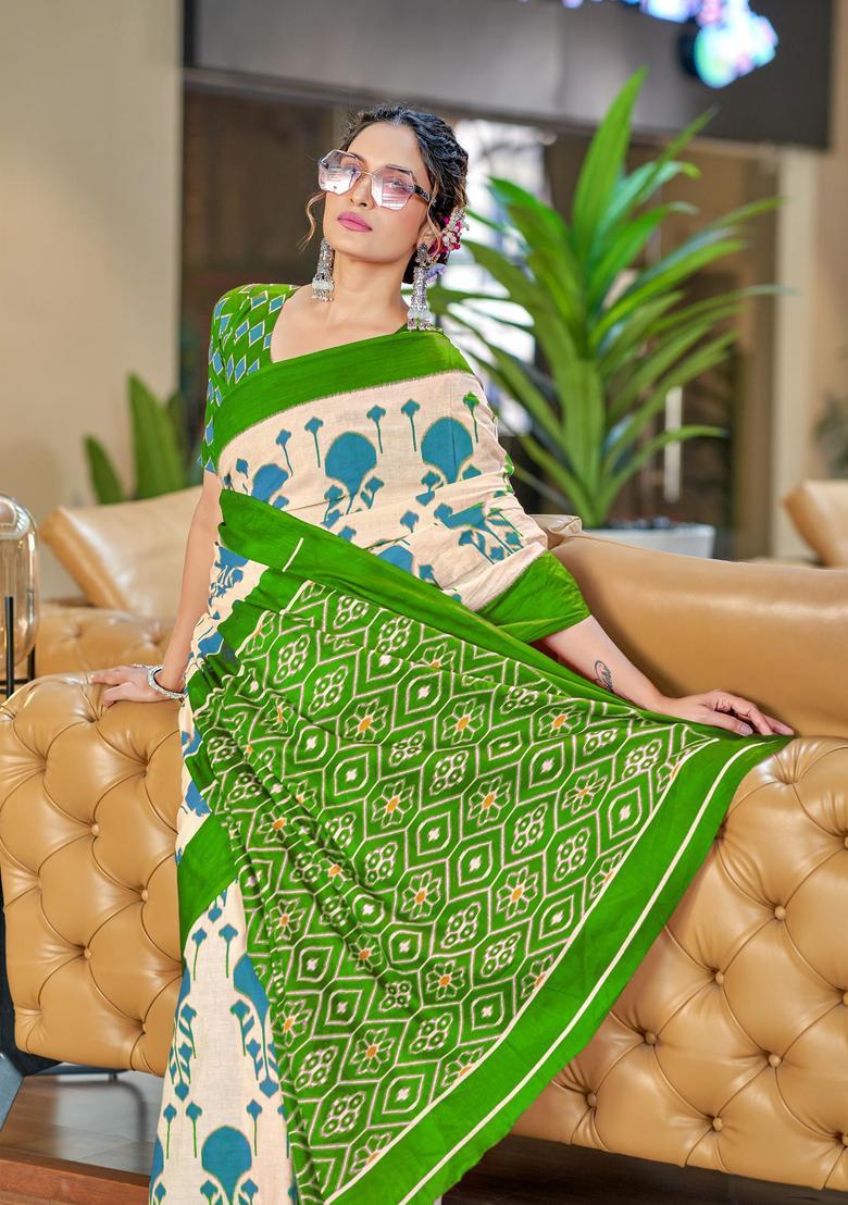 Green Printed Cotton Saree Set - Indya