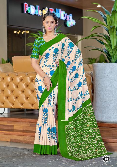 Green Printed Cotton Saree Set