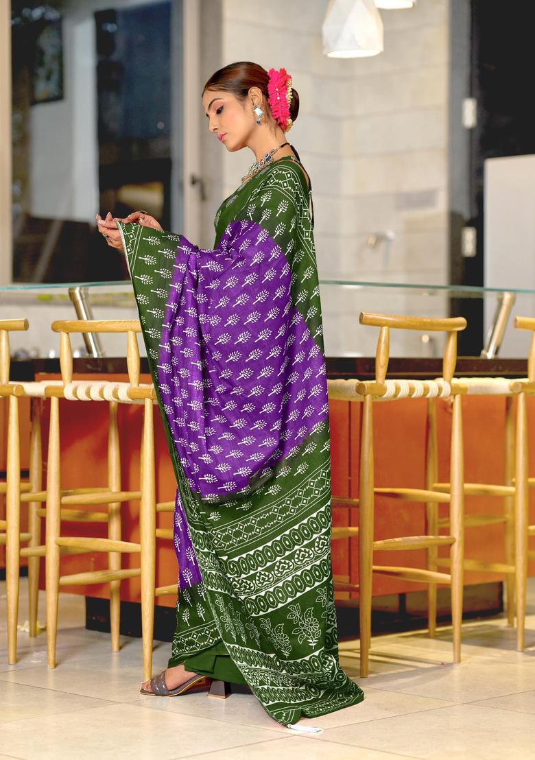 Purple Printed Cotton Saree Set - Indya