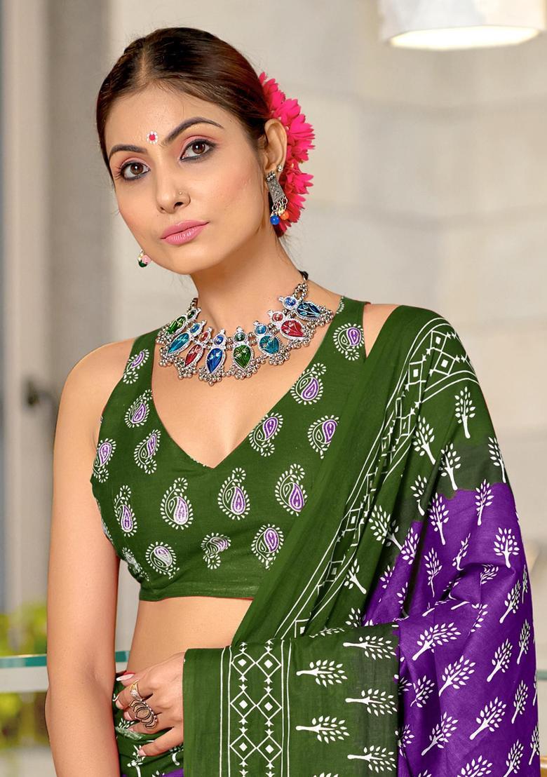 Purple Printed Cotton Saree Set - Indya