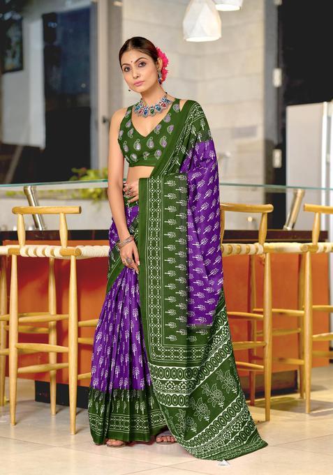 Purple Printed Cotton Saree Set