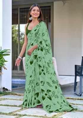Green Floral Print Cotton Saree Set