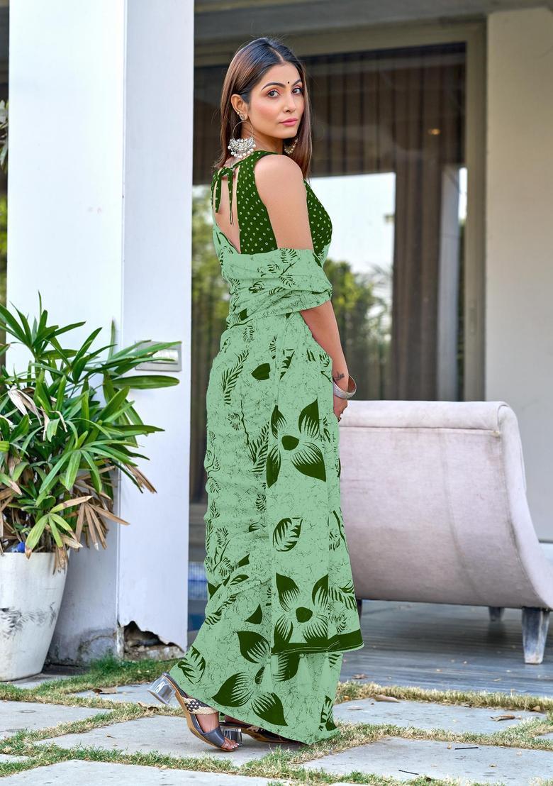 Green Floral Print Cotton Saree Set - Indya