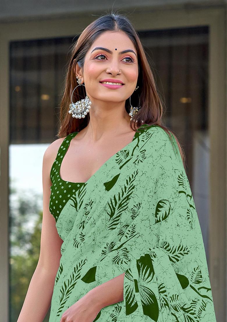 Green Floral Print Cotton Saree Set - Indya