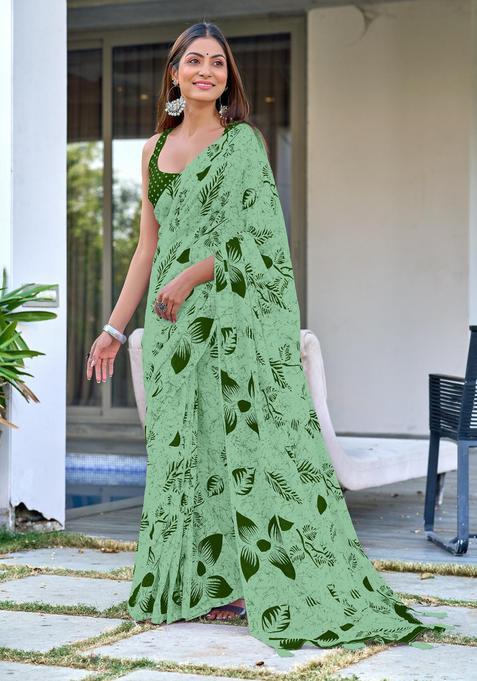 Green Floral Print Cotton Saree Set