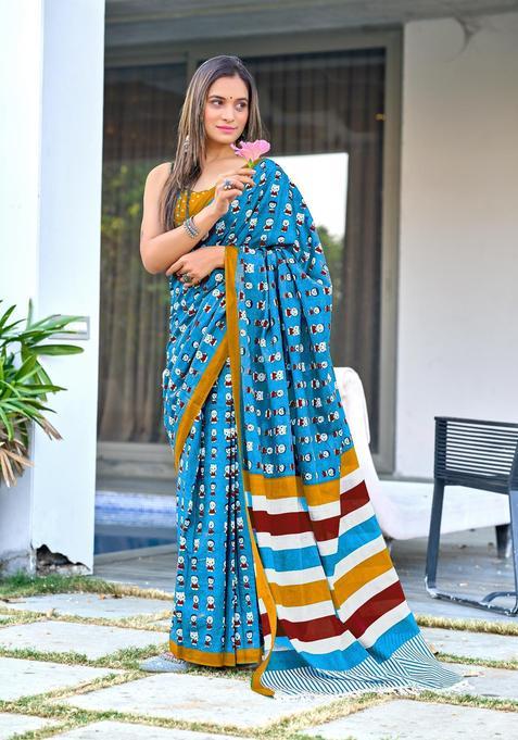 Blue Printed Cotton Saree Set