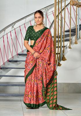 Pink Printed Cotton Saree Set
