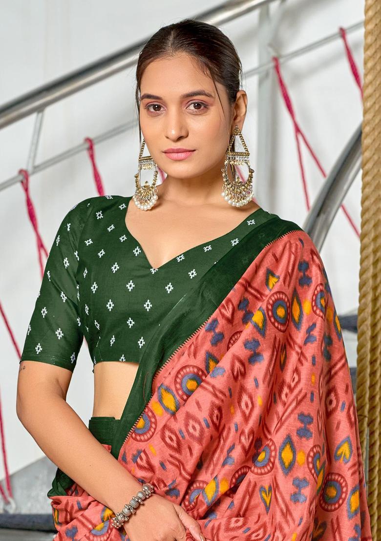 Pink Printed Cotton Saree Set - Indya