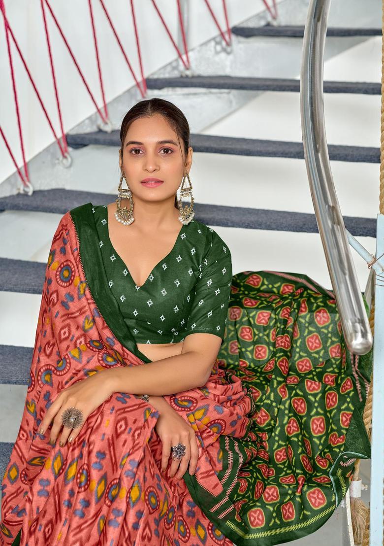 Pink Printed Cotton Saree Set - Indya