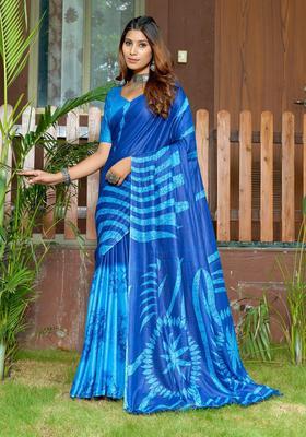 Blue Printed Cotton Saree Set