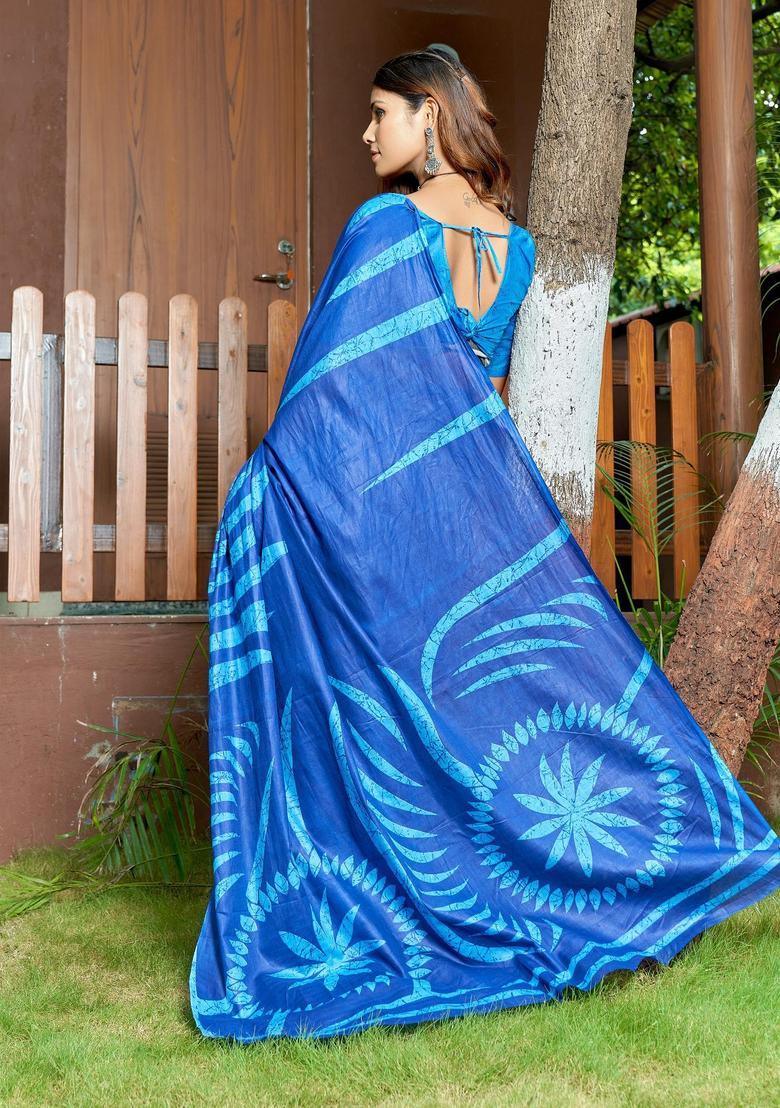 Blue Printed Cotton Saree Set - Indya
