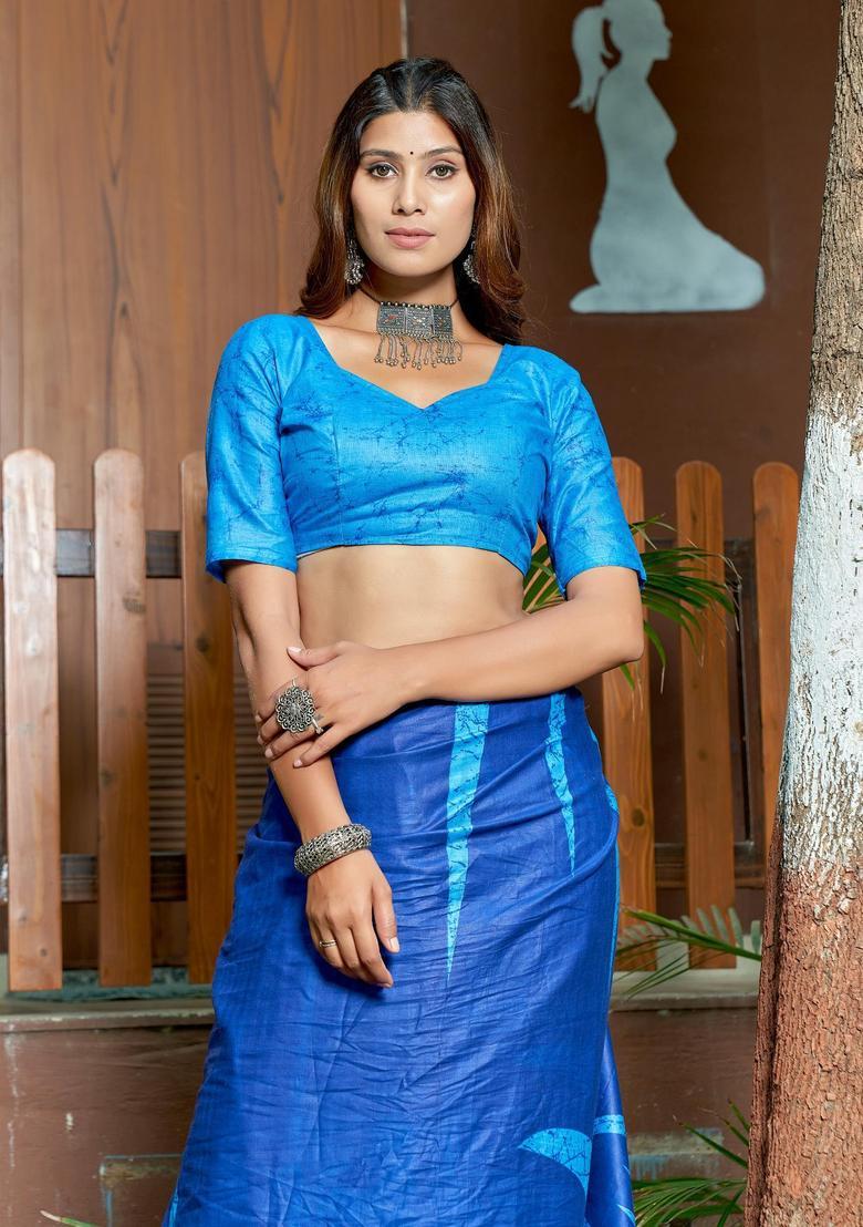 Blue Printed Cotton Saree Set - Indya
