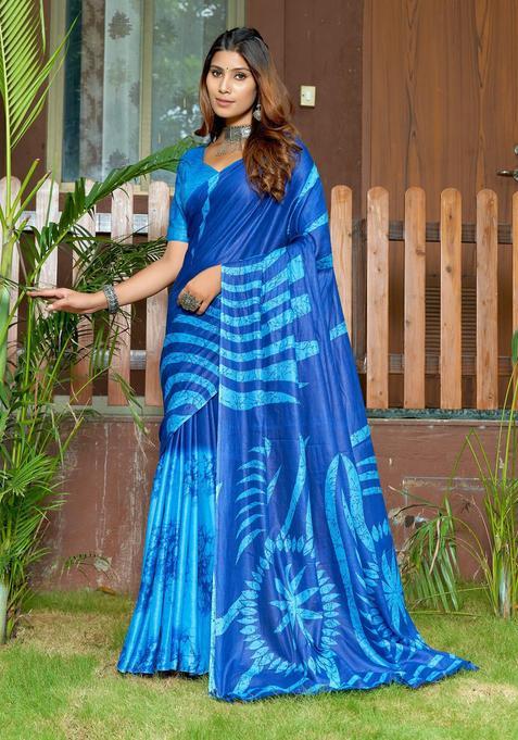 Blue Printed Cotton Saree Set