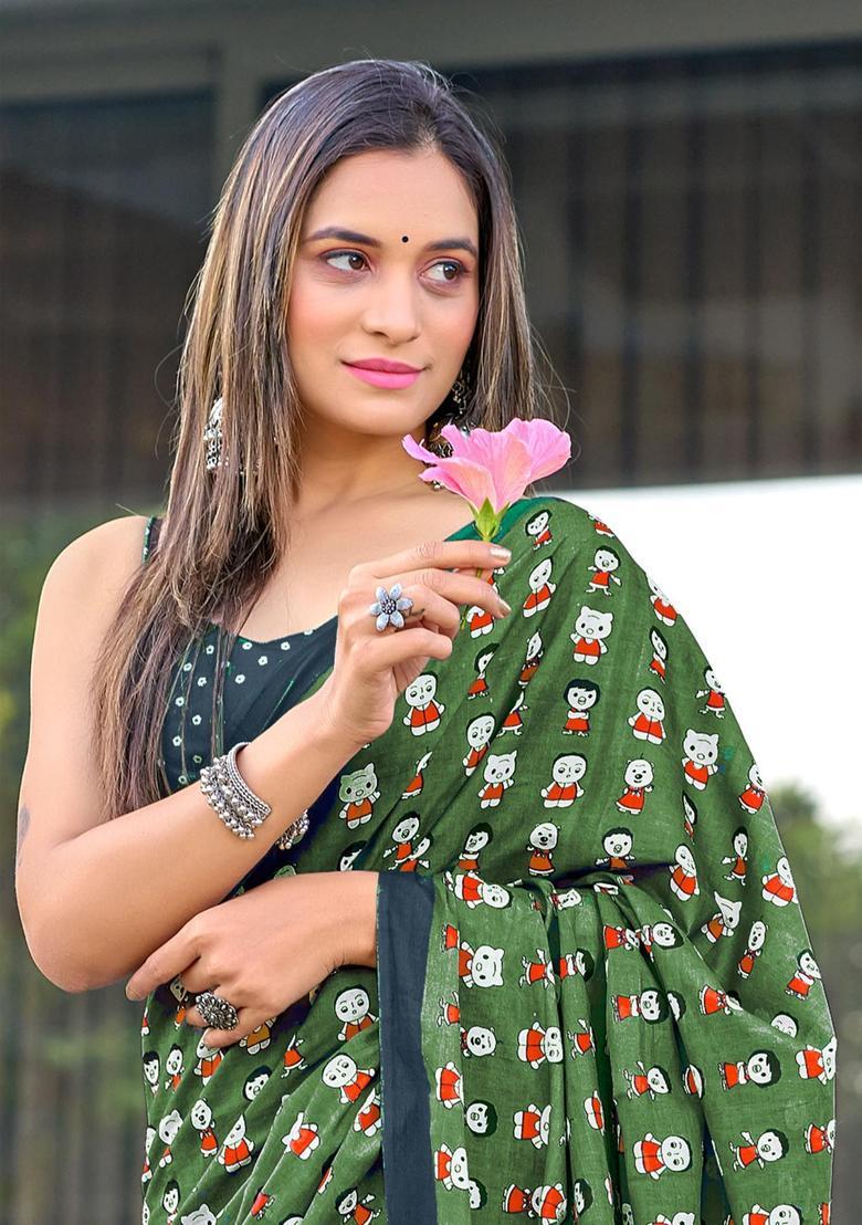 Green Printed Cotton Saree Set - Indya