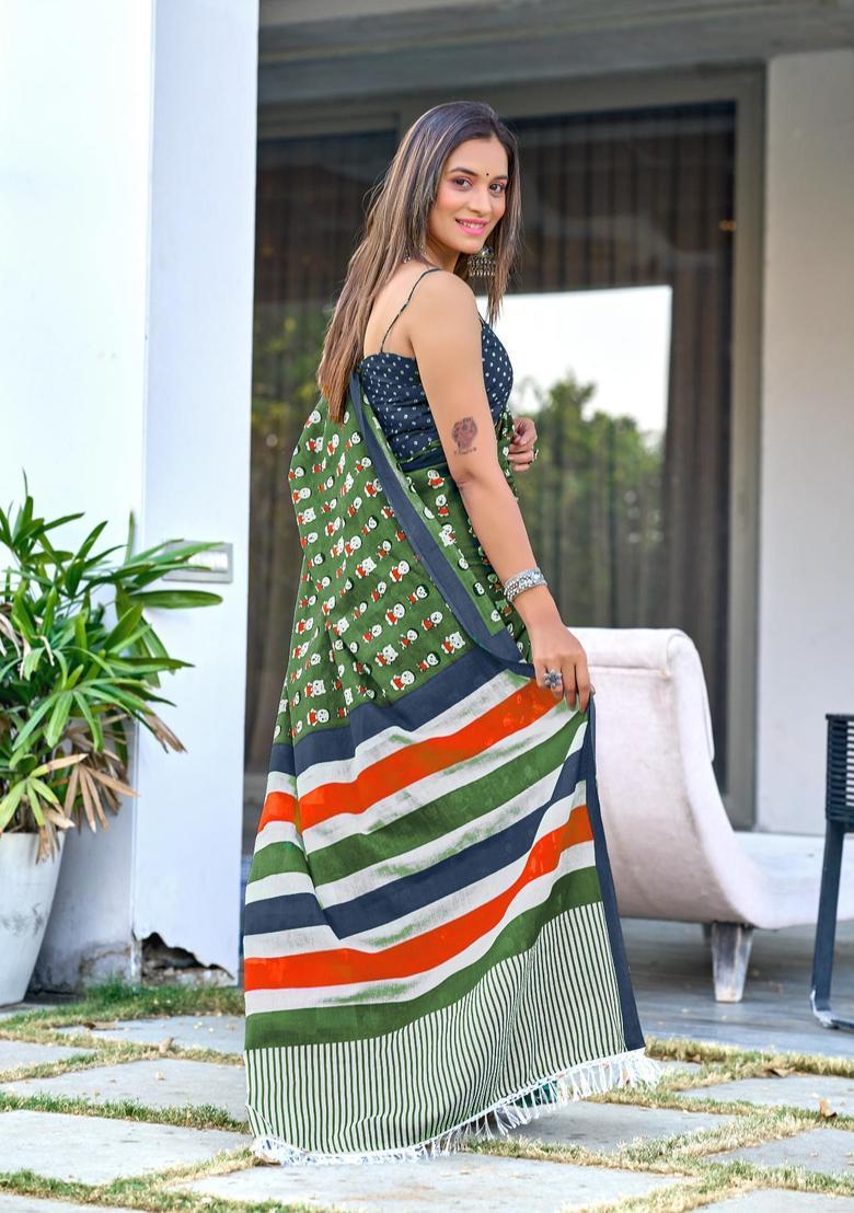 Green Printed Cotton Saree Set - Indya