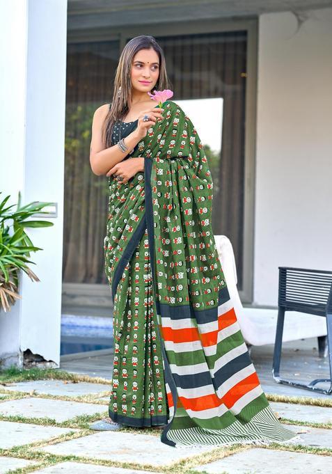 Green Printed Cotton Saree Set