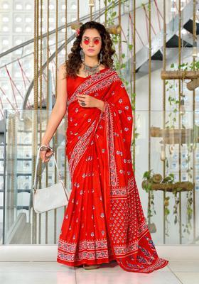 Red Floral Print Cotton Saree Set
