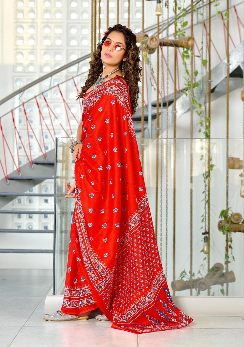 Red Floral Print Cotton Saree Set - Indya