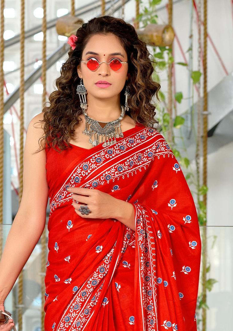 Red Floral Print Cotton Saree Set - Indya