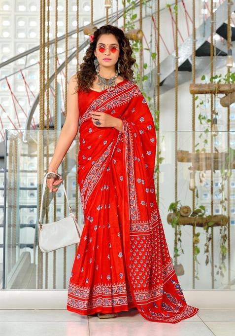 Red Floral Print Cotton Saree Set