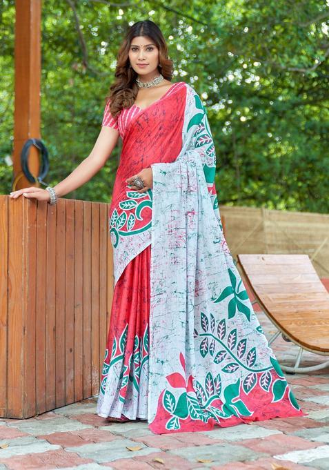 White Printed Cotton Saree Set
