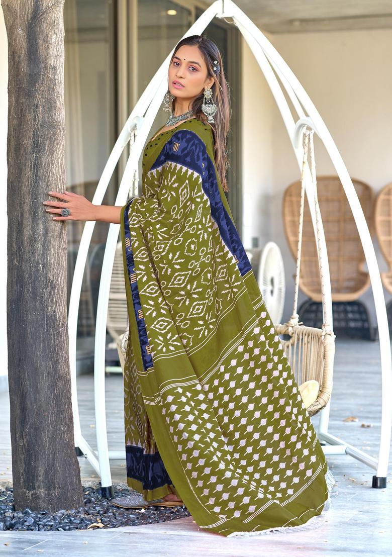 Green Printed Cotton Saree Set - Indya