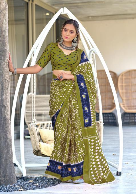 Green Printed Cotton Saree Set