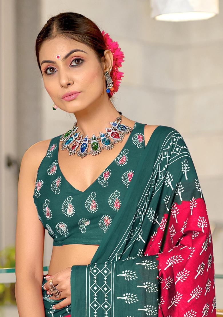 Pink Printed Cotton Saree Set - Indya