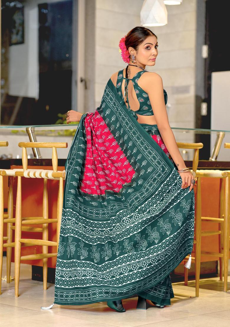 Pink Printed Cotton Saree Set - Indya