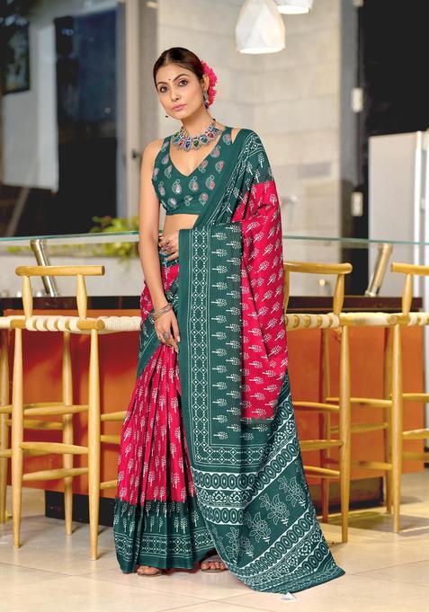 Pink Printed Cotton Saree Set