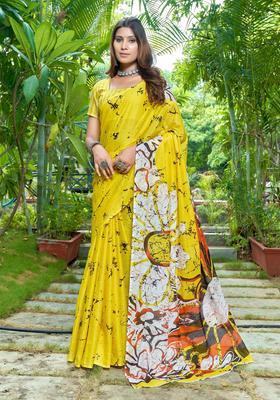 Yellow Floral Print Cotton Saree Set