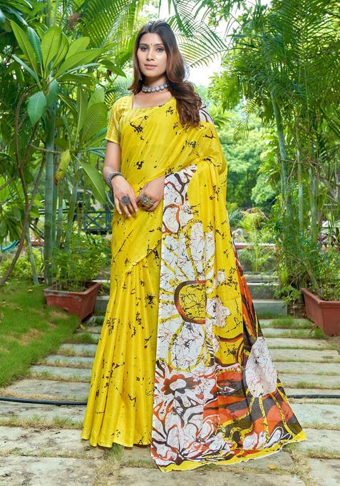Yellow Floral Print Cotton Saree Set